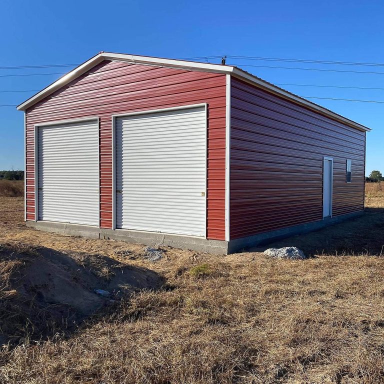 9046 - Red Vertical Roof Double Garage - Custom Structures Direct